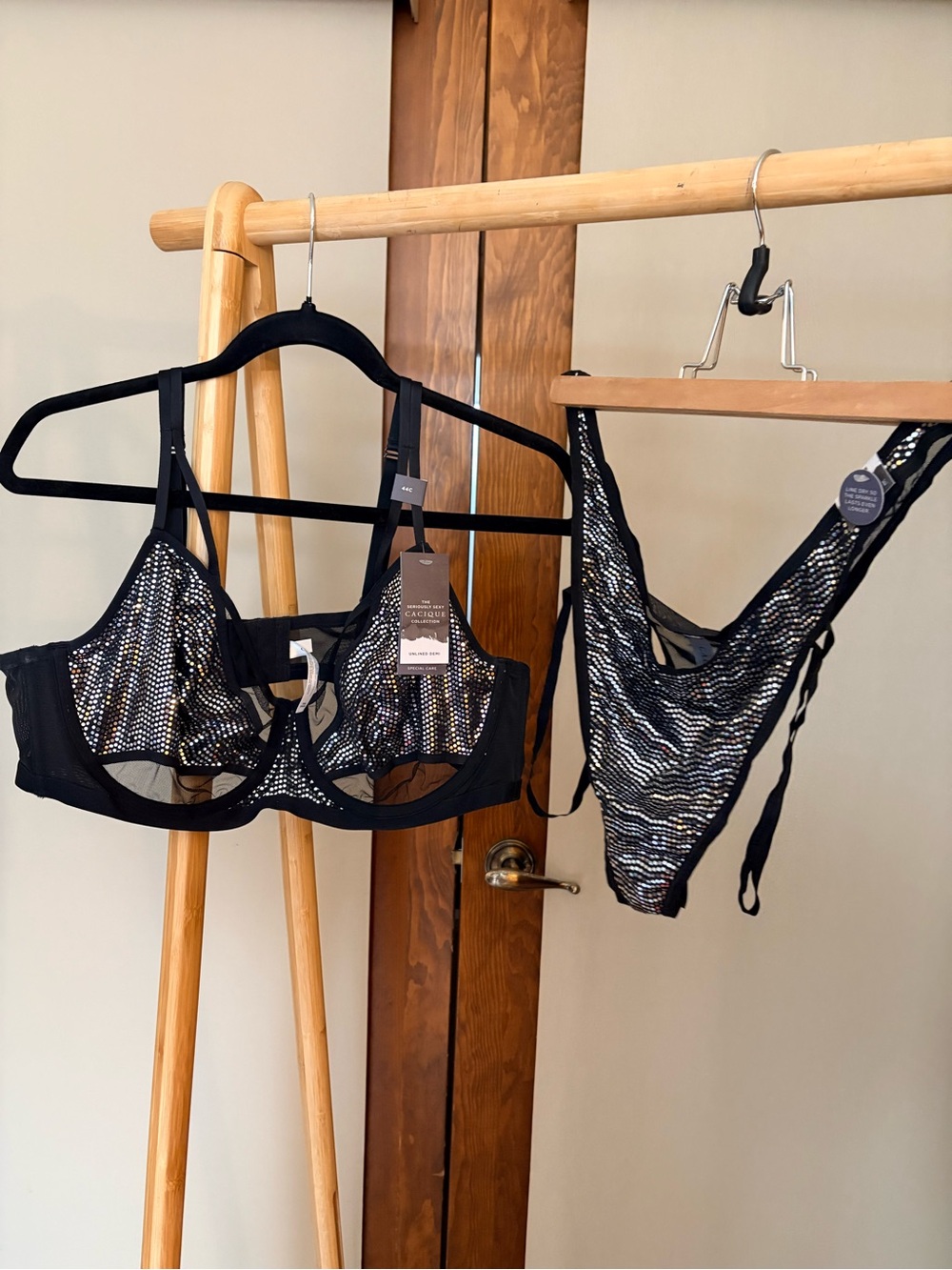 Cacique Black Metallic Mesh Underwire Bra & Thong Set